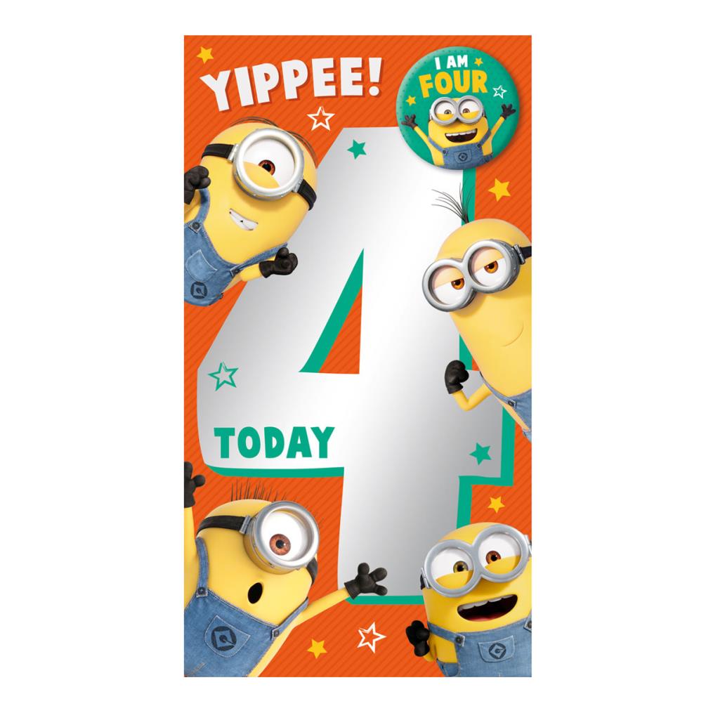 Yippee! 4 Today Minions 4th Birthday Card With Badge (DE141 ...