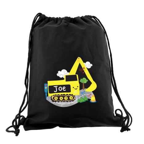 Personalised Digger Black Drawstring Bag   £14.99